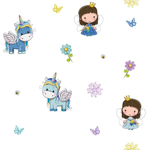 Egyszarvú és királylány kék csillámos gyerek tapéta | 50 cm x 250 cm