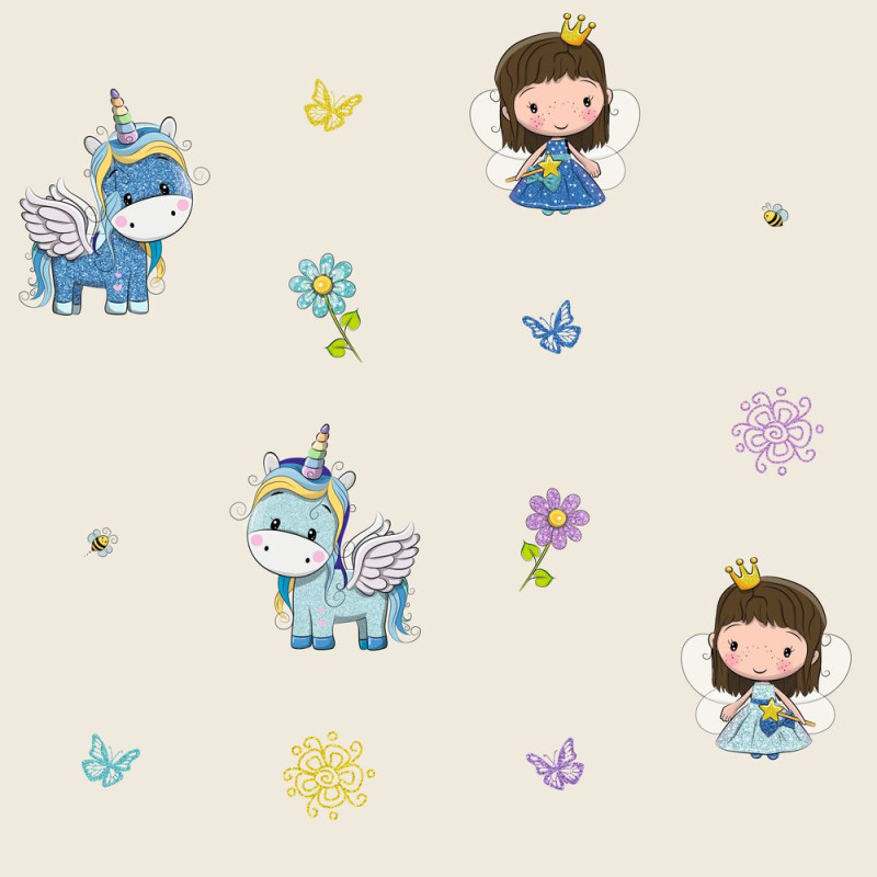 Egyszarvú és királylány kék csillámos gyerek tapéta | 50 cm x 250 cm