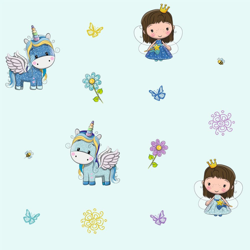 Egyszarvú és királylány kék csillámos gyerek tapéta | 50 cm x 250 cm