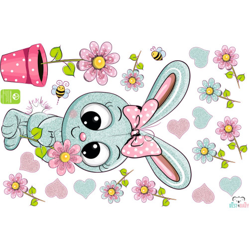 Menta nyuszi menta virággal, szívekkel, csillámos falmatrica,prémium | 20 db-os szett | 70 cm x 45 cm-től