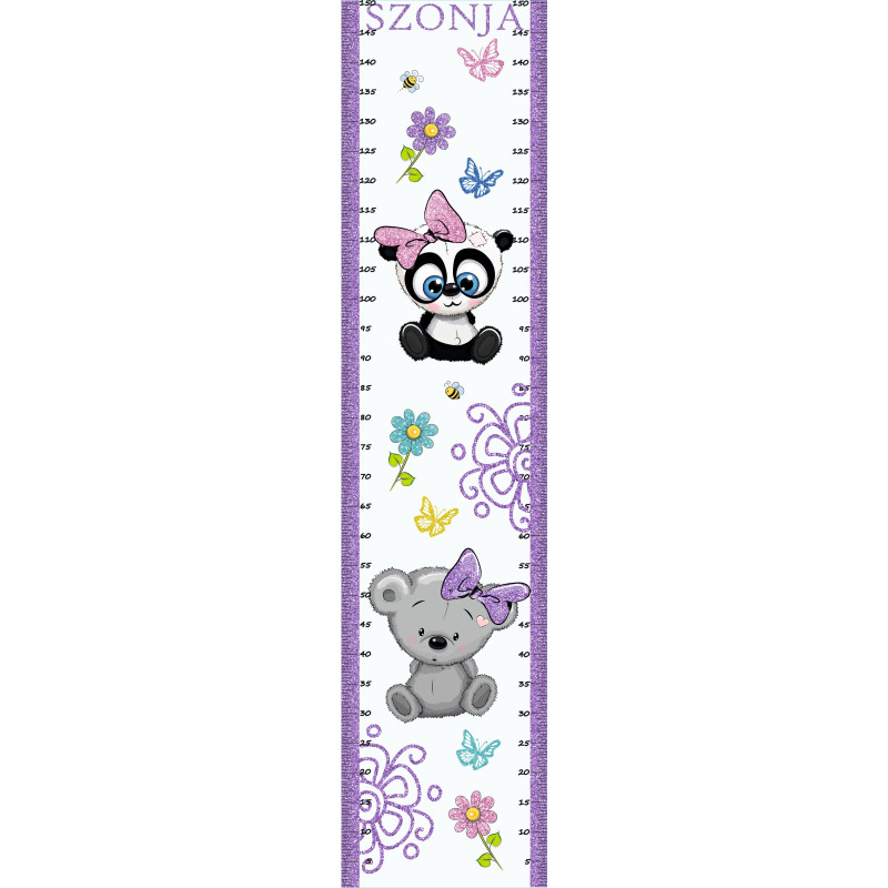 Panda és koala lila csillámos magasságmérős falmatrica, névre szóló, jobb, bal kétoldalas | 35 cm x 150 cm