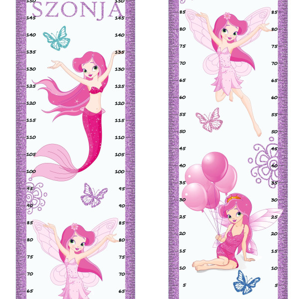 Pink, lila tündér és sellő, csillámos magasságmérős falmatrica, névre szóló, jobb, bal kétoldalas | 35 cm x 150 cm