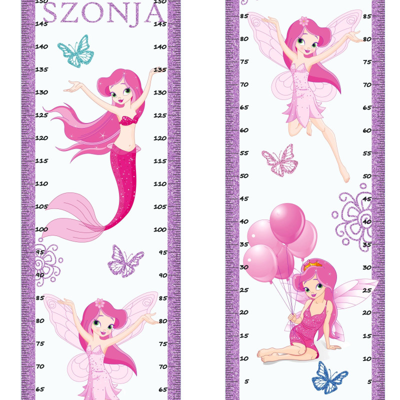 Pink, lila tündér és sellő, csillámos magasságmérős falmatrica, névre szóló, jobb, bal kétoldalas | 35 cm x 150 cm