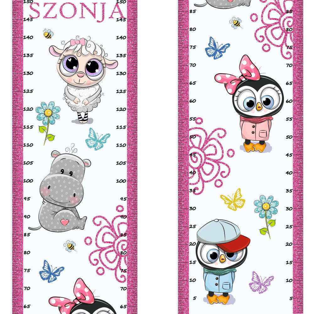 Állatos, bárány, pingvin, víziló, csillámos magasságmérős falmatrica, névre szóló, jobb, bal kétoldalas | 35 cm x 150 cm