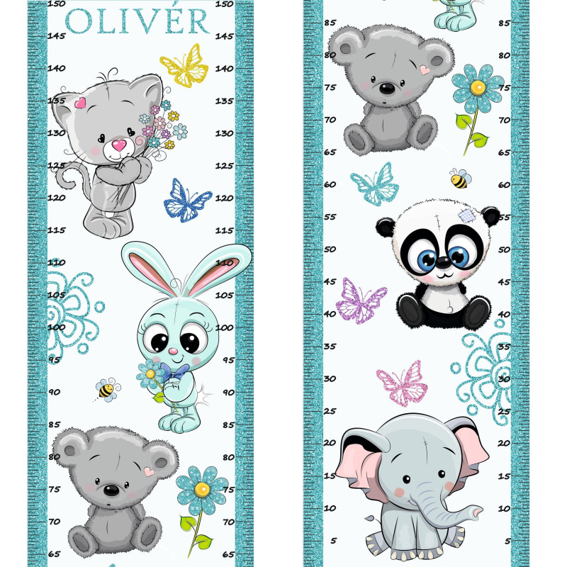 Fiú állatos, csillámos magasságmérős falmatrica, névre szóló, jobb, bal kétoldalas | 35 cm x 150 cm