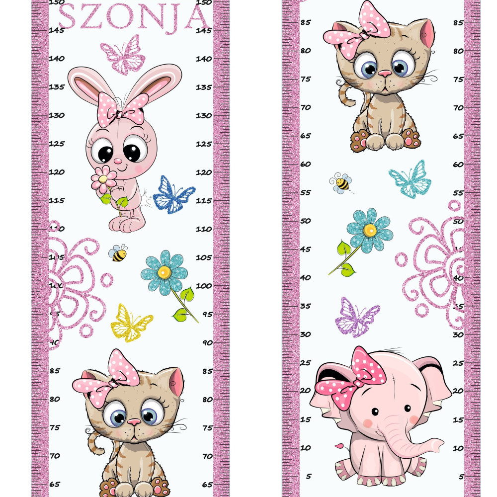 Nyuszi, cica, elefánt csillámos magasságmérős falmatrica, névre szóló, jobb, bal kétoldalas | 35 cm x 150 cm