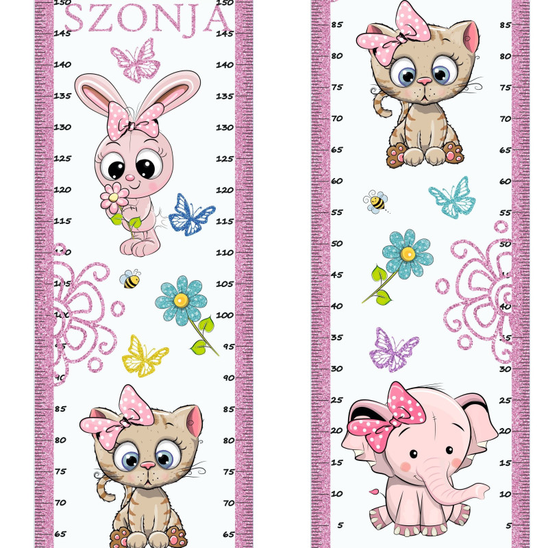 Nyuszi, cica, elefánt csillámos magasságmérős falmatrica, névre szóló, jobb, bal kétoldalas | 35 cm x 150 cm