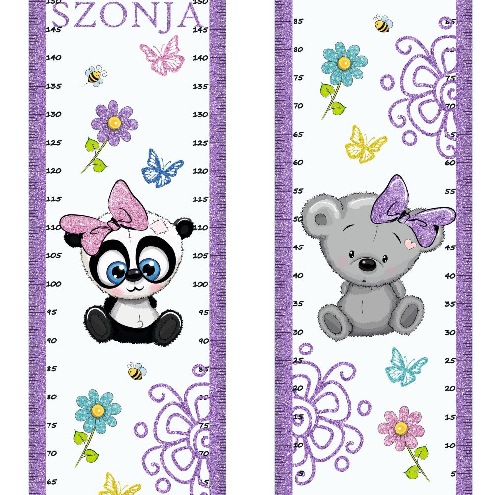 Panda és koala lila csillámos magasságmérős falmatrica, névre szóló, jobb, bal kétoldalas | 35 cm x 150 cm