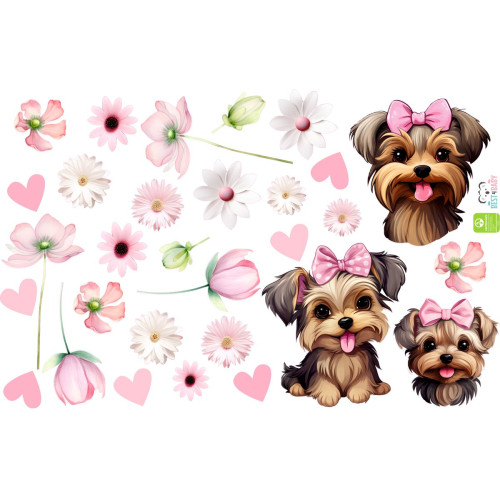 Yorkshire terrier kutyás falmatrica virágokkal, pink | 29 db-os szett | 70 cm x 45 cm
