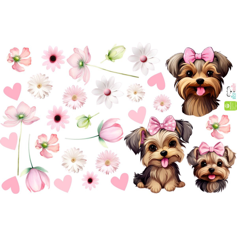Yorkshire terrier kutyás falmatrica virágokkal, pink | 29 db-os szett | 70 cm x 45 cm Yorkshire terrier kutyás falmatrica virágokkal, pink | 29 db-os szett | 70 cm x 45 cm