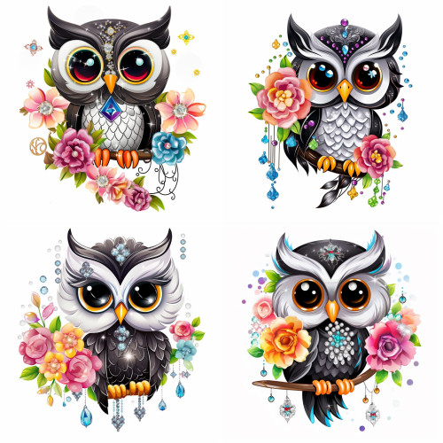 Baglyos kristályos virág mintás falmatrica | 8 + 24 db-os szett | 80 cm x 80 cm