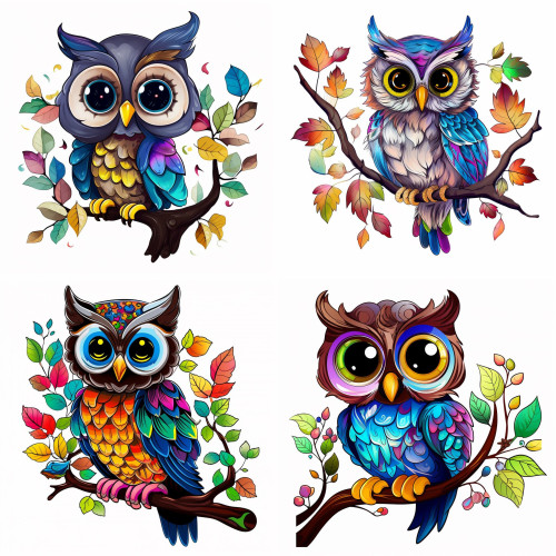 Színes Bagoly színes leveles faágon ül, falmatrica | 8 + 24 db-os szett | 80 cm x 80 cm