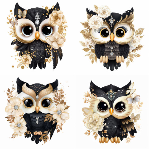 Fekete-arany színű exkluzív Baglyos falmatrica | 8 + 24 db-os szett | 80 cm x 80 cm