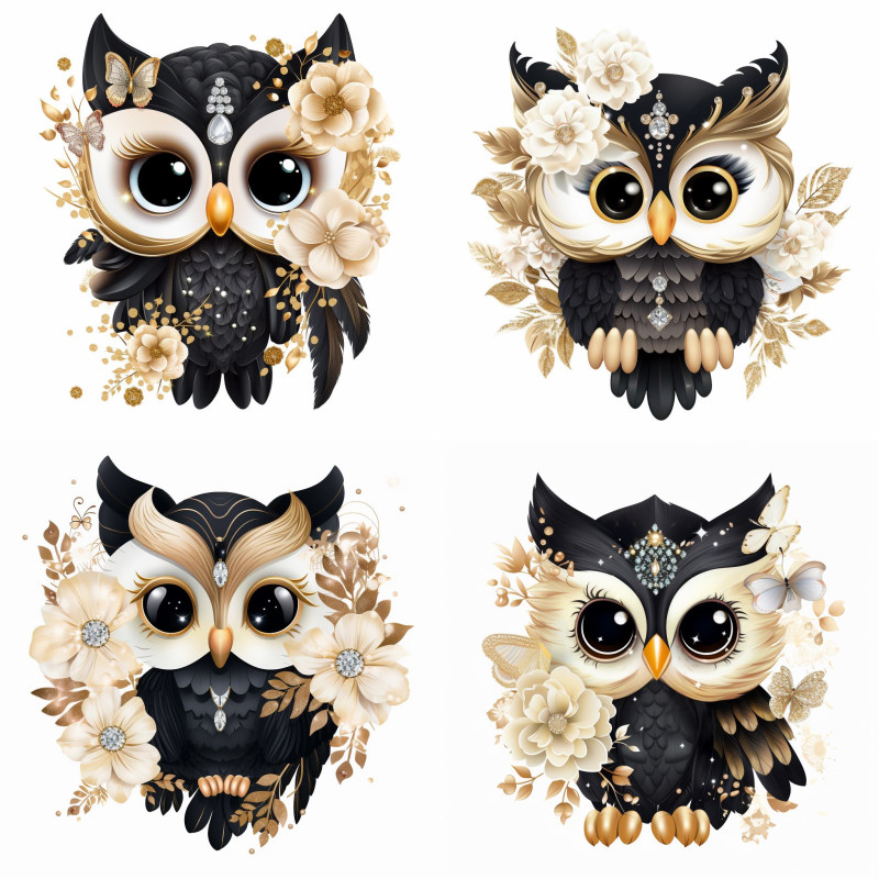 Fekete-arany színű exkluzív Baglyos falmatrica | 8 + 24 db-os szett | 80 cm x 80 cm