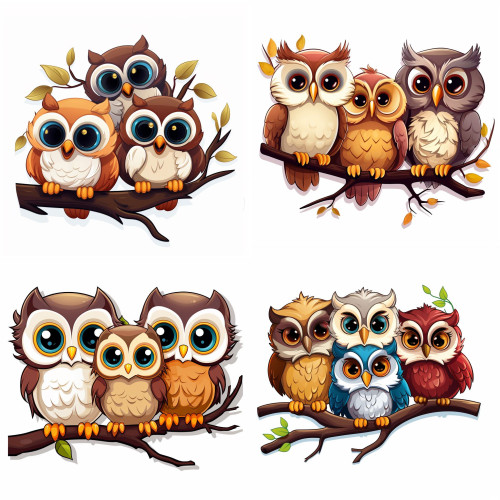 Bagoly család falmatrica | 8 + 24 db-os szett | 80 cm x 80 cm