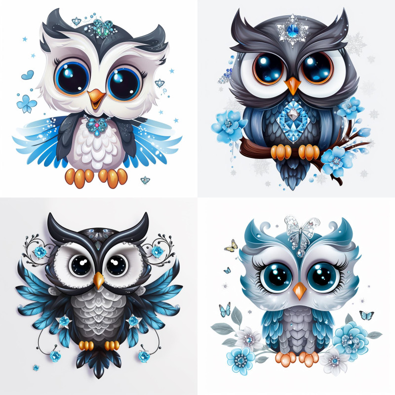 Baglyos kék virágos falmatrica | 8 + 24 db-os szett | 80 cm x 80 cm