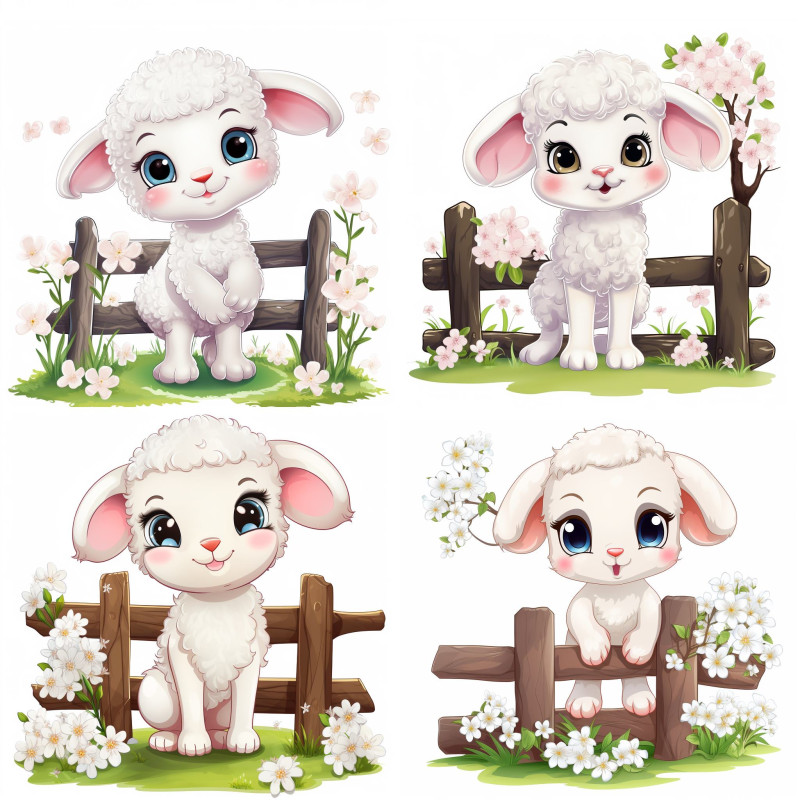 Fehér bárány a kerítés mellett áll falmatrica | 8 + 24 db-os szett | 80 cm x 80 cm