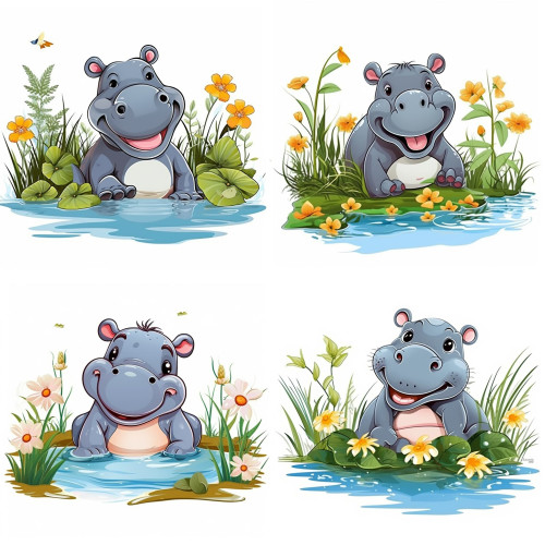 Vízilovas falmatrica, narancsrárga virágos, tóban fürdőző | 8 + 24 db-os szett | 80 cm x 80 cm