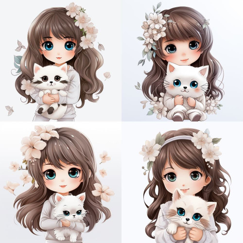 Kislány barna hajú, cicás falmatrica szett gyerekszobába | 8 + 24 db-os szett | 80 cm x 80 cm