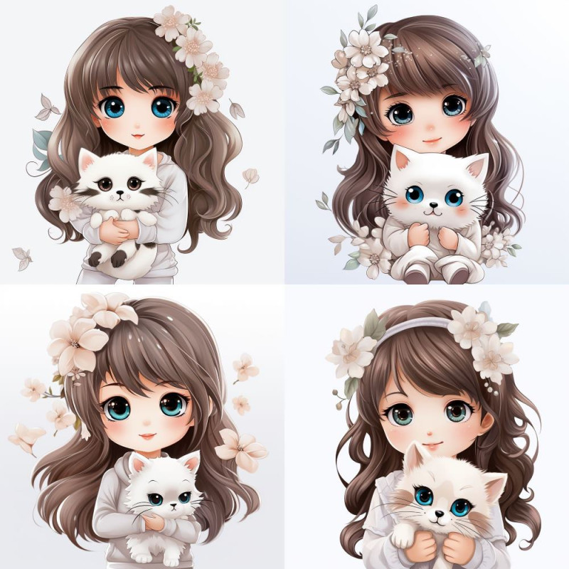 Kislány barna hajú, cicás falmatrica szett gyerekszobába | 8 + 24 db-os szett | 80 cm x 80 cm