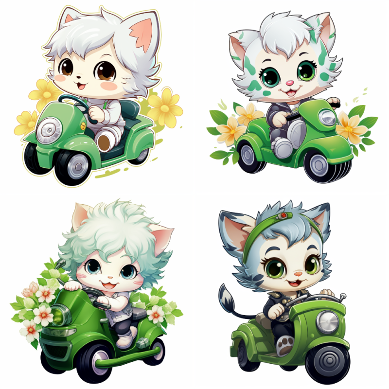 Fehér cica zöld motort vezet falmatrica | 8 + 24 db-os szett | 80 cm x 80 cm Fehér cica zöld motort vezet falmatrica | 8 + 24 db-os szett | 80 cm x 80 cm