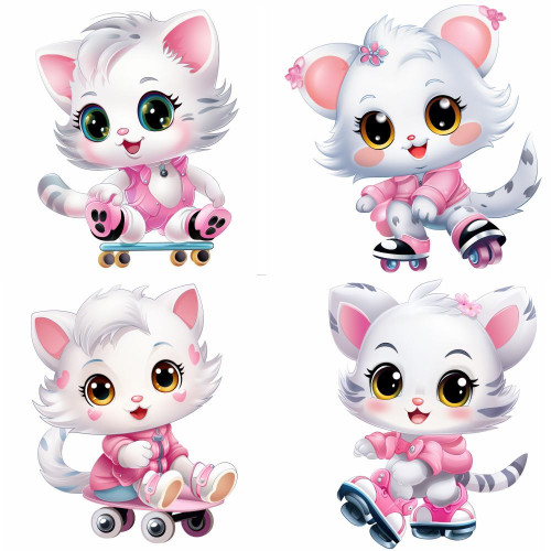 Cica görkirizik és gördeszkával falmatrica | 8 + 24 db-os szett | 80 cm x 80 cm