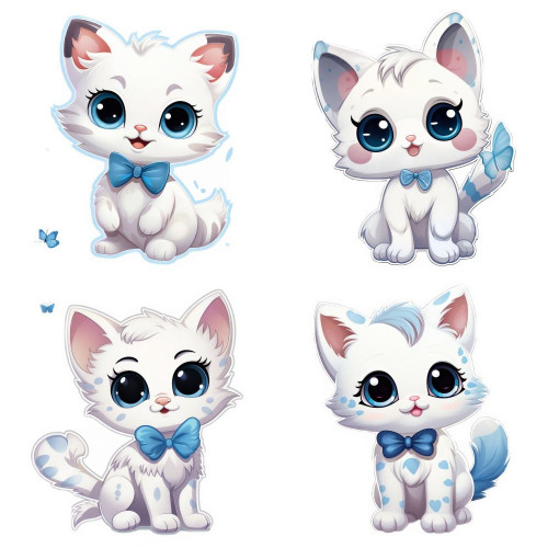 Kék csokornyakkendős fehér cicás falmatrica  | 8 + 24 db-os szett | 80 cm x 80 cm