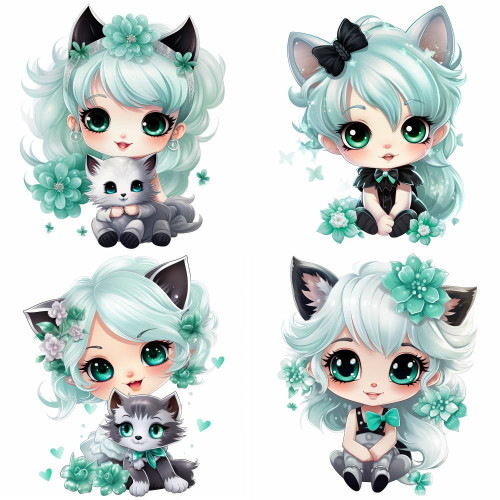 Menta hajú kislány cicával, cica kislány falmatrica | 8 + 24 db-os szett | 80 cm x 80 cm