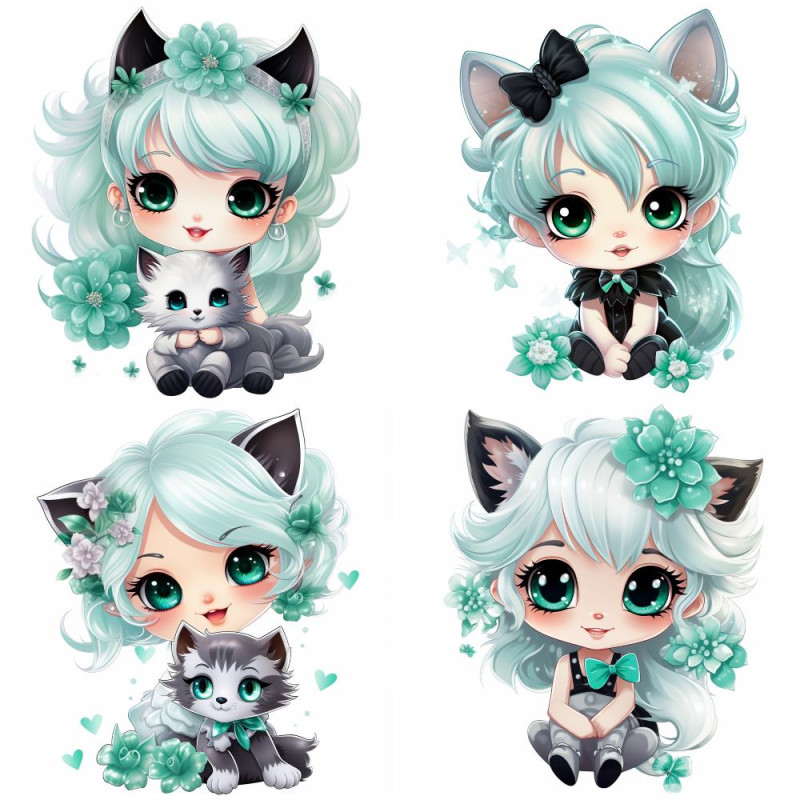 Menta hajú kislány cicával, cica kislány falmatrica | 8 + 24 db-os szett | 80 cm x 80 cm