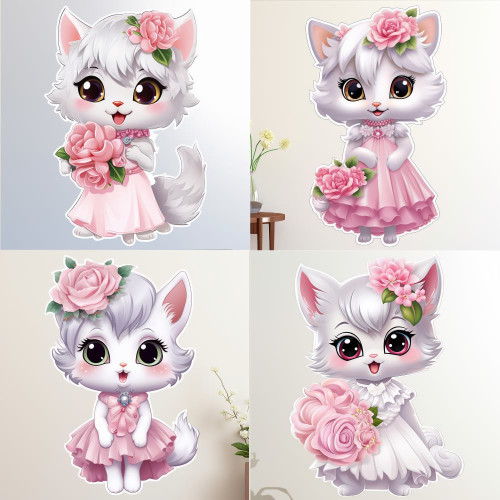 Menyasszony cica rózsaszín menyasszonyi ruhában falmatrica | 8 + 24 db-os szett | 80 cm x 80 cm