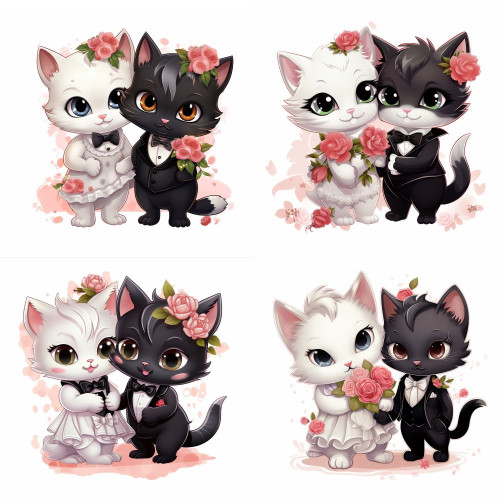 Menyasszony és vőlegény cicás falmatrica | 8 + 24 db-os szett | 80 cm x 80 cm