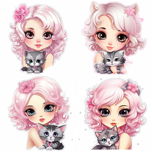 Rózsaszín hajú kislány házimacskával falmatrica | 8 + 24 db-os szett | 80 cm x 80 cm