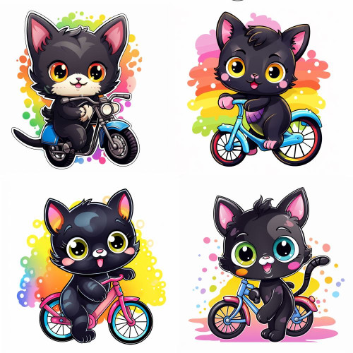 Fekete cicák bicikliznek, motoroznak falmatrica | 8 + 24 db-os szett | 80 cm x 80 cm