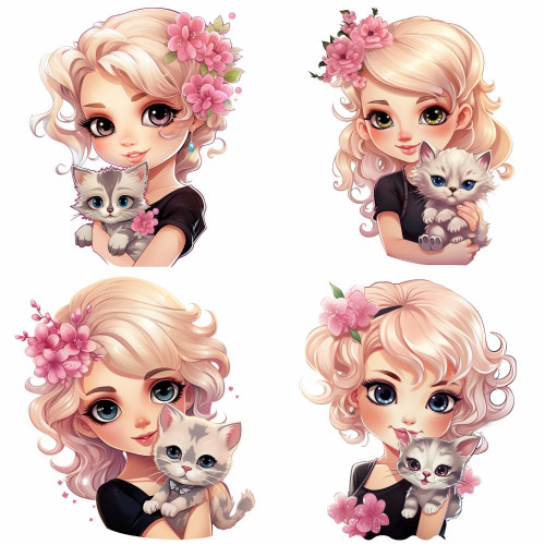 Szőke hajú kislány cicát tart a kezében falmatrica | 8 + 24 db-os szett | 80 cm x 80 cm