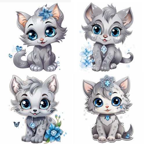 Szürke kék virágos cicás falmatrica szett | 8 + 24 db-os szett | 80 cm x 80 cm