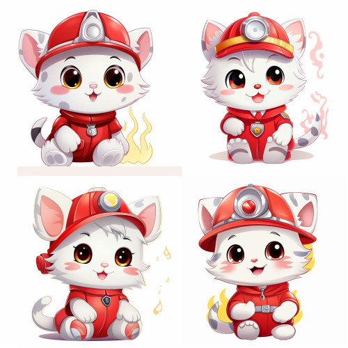 Piros tűzoltós fehér cicás falmatrica | 8 + 24 db-os szett | 80 cm x 80 cm