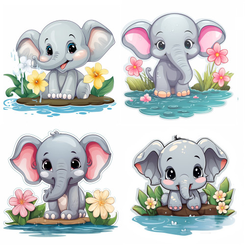 Elefántok fürdenek falmatrica | 8 + 24 db-os szett | 80 cm x 80 cm