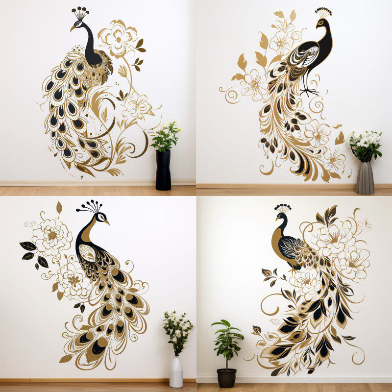 Fekete pávás falmatrica | 8 + 24 db-os szett | 80 cm x 80 cm