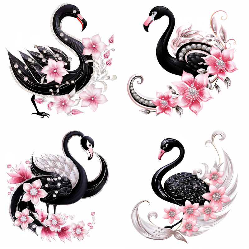 Fekete hattyús falmatrica, pink virágokkal | 8 + 24 db-os szett | 80 cm x 80 cm Fekete hattyús falmatrica, pink virágokkal | 8 + 24 db-os szett | 80 cm x 80 cm