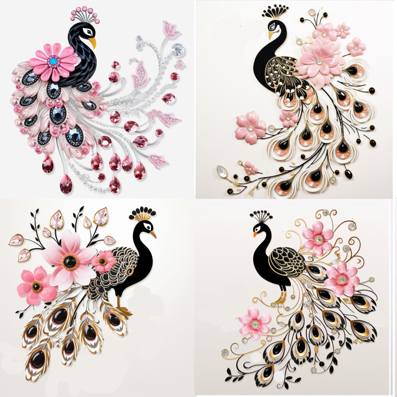 Fekete, virágos pávás falmatrica | 8 + 24 db-os szett | 80 cm x 80 cm