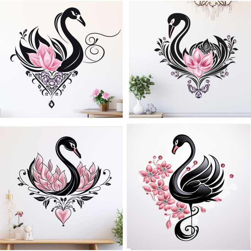 Fekete hattyús falmatrica, rózsaszín virágos | 8 + 24 db-os szett | 80 cm x 80 cm