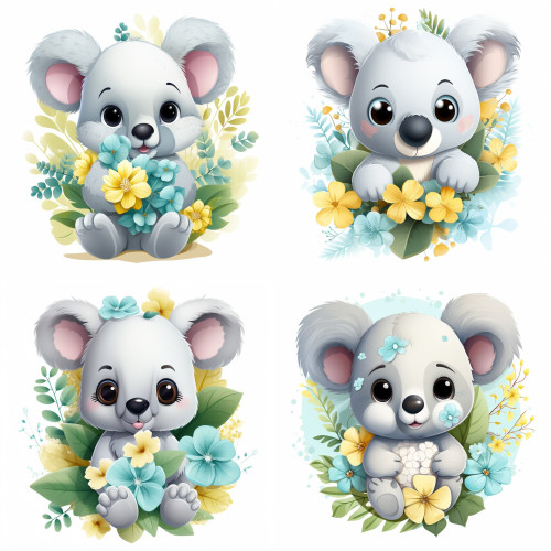 Koalamackós falmatrica kék sárga virágokkal gyerekszobába | 8 + 24 db-os szett | 80 cm x 80 cm