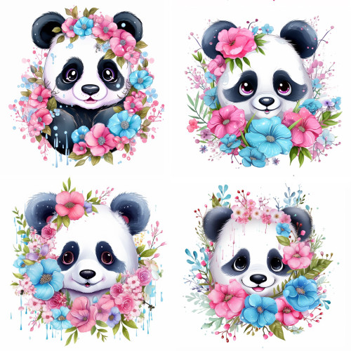 Pandamackós kék pink virágos falmatrica | 8 + 24 db-os szett | 80 cm x 80 cm