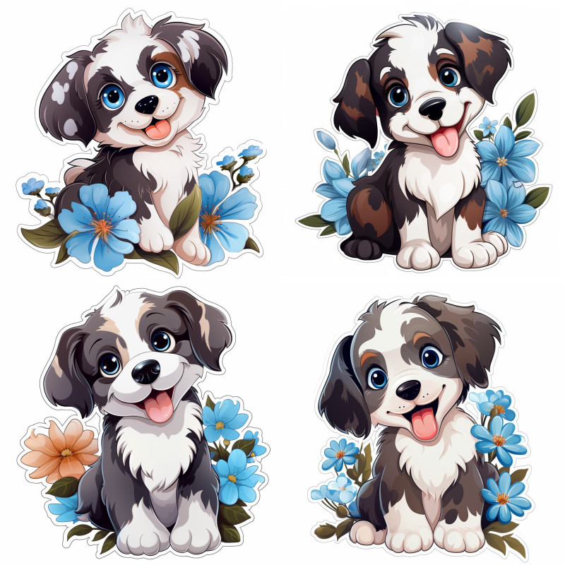 Barna kutyás gyerek falmatrica, kék virágokkal | 8 + 24 db-os szett | 80 cm x 80 cm