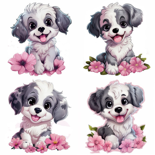 Kutyás gyerek falmatrica, rózsazsín virágokkal | 8 + 24 db-os szett | 80 cm x 80 cm