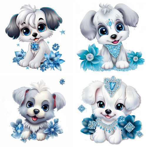 Kiskutya kék virágokkal falmatrica | 8 + 24 db-os szett | 80 cm x 80 cm