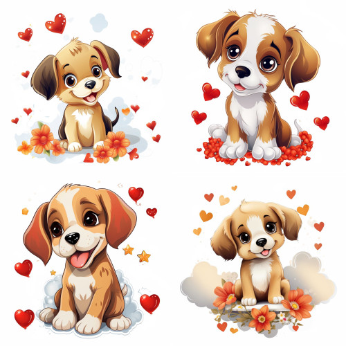 Piros szíves kutyás gyerek falmatrica | 8 + 16 db-os szett | 80 cm x 80 cm