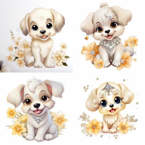 Kutyás, lányos falmatrica, sárga virágokkal | 8 + 24 db-os szett | 80 cm x 80 cm