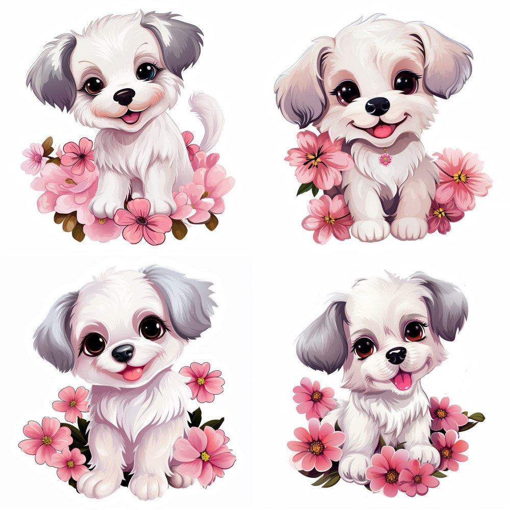 Cuki kutyusok, pink virágos falmatrica | 8 + 24 db-os szett | 80 cm x 80 cm