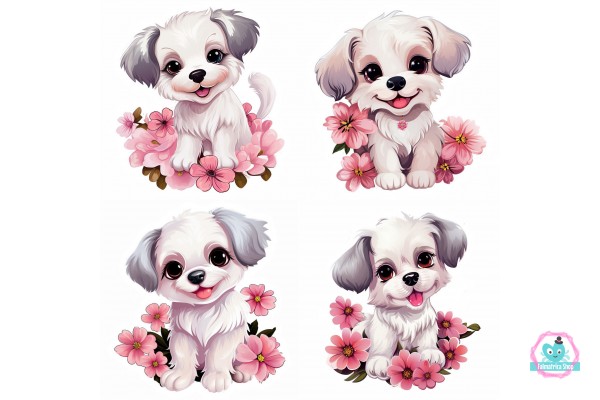 Cuki kutyusok, pink virágos falmatrica  |  8 + 24 db-os szett | 80 cm x 80 cm